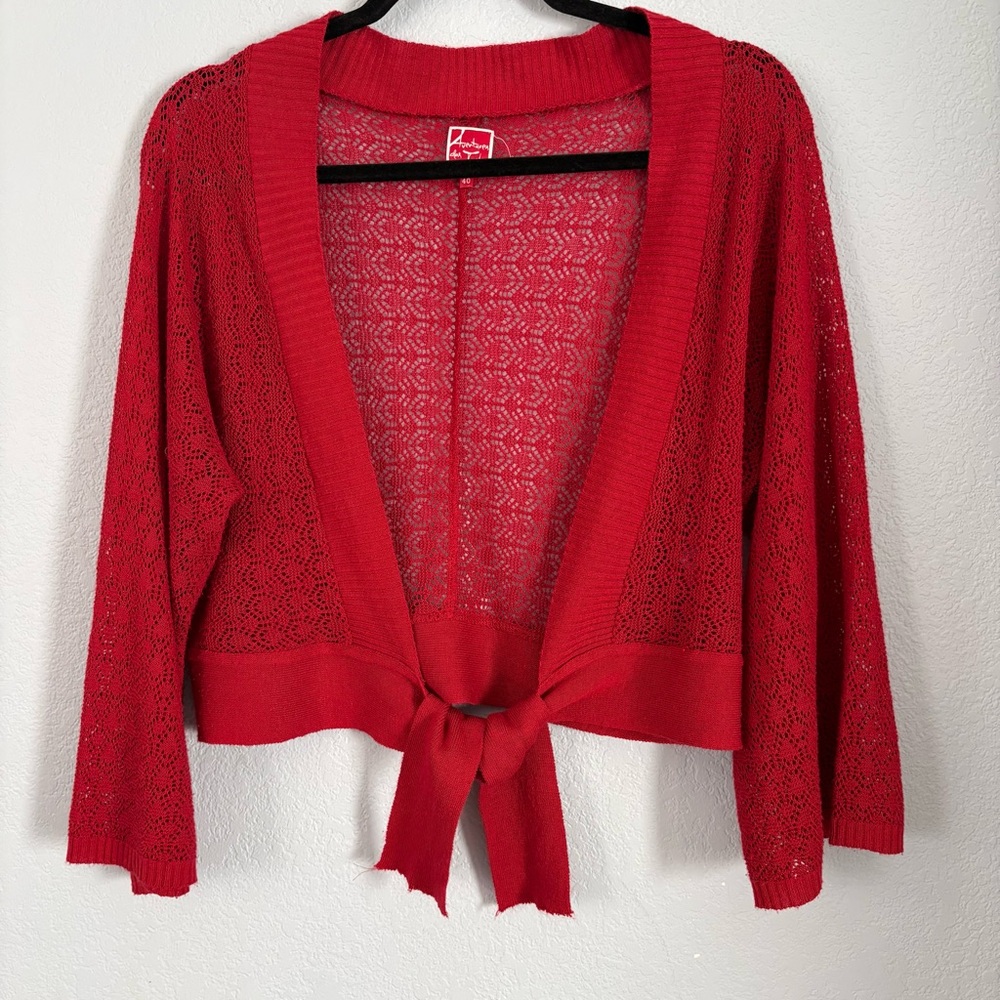 Aventures des Toiles Open Red Knit Wide Sleeve Tie Crop Sweater Beautiful
